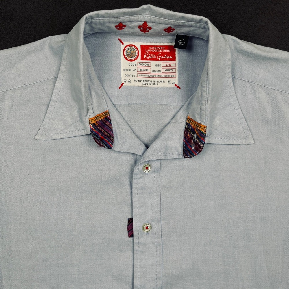Robert Graham Shirt Mens Large Light Blue Contrast Trim Fleur De Lis Button Down
